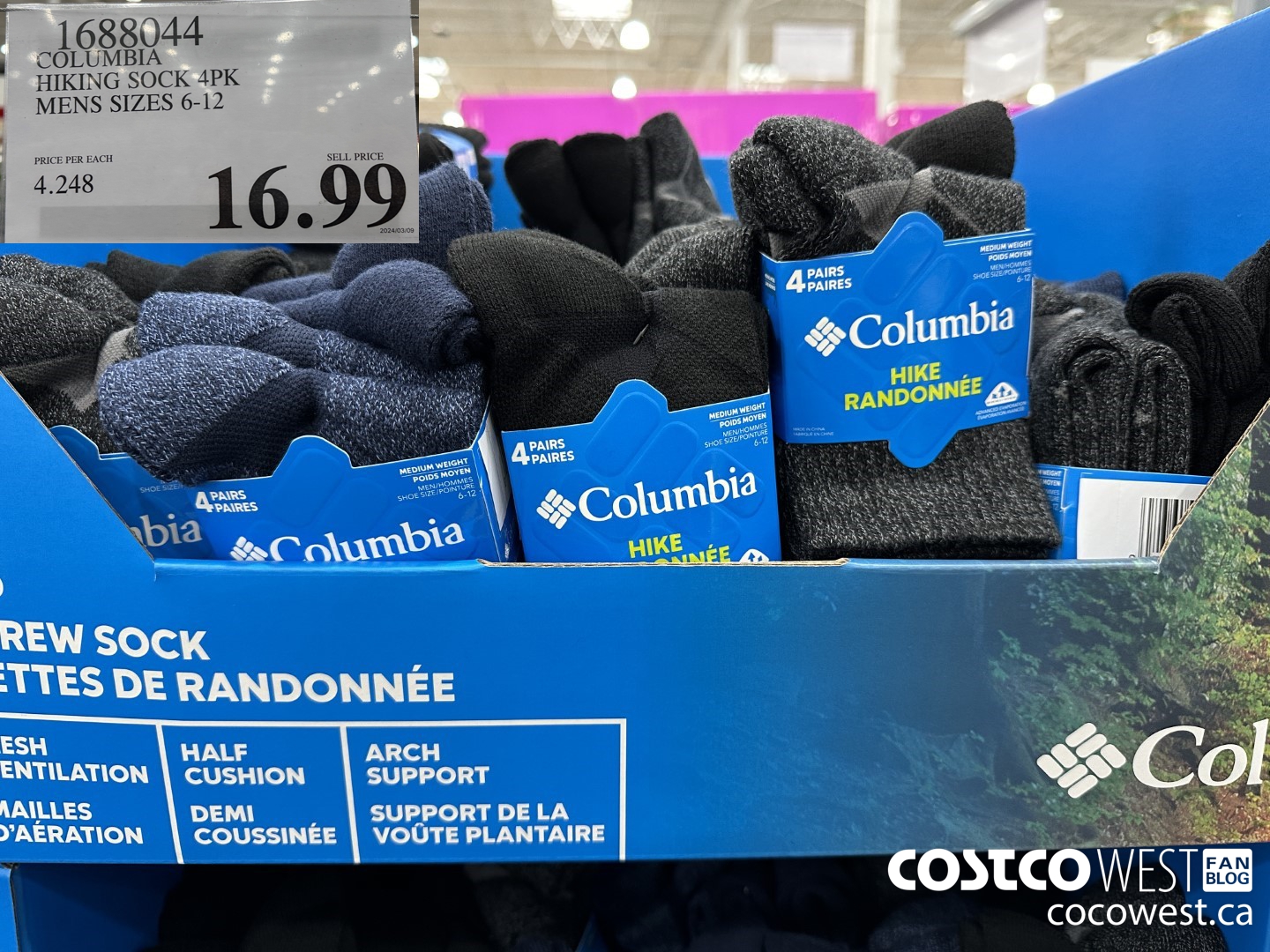 1688044 COLUMBIA HIKING SOCK 4PK MENS SIZES 6-12 $16.99