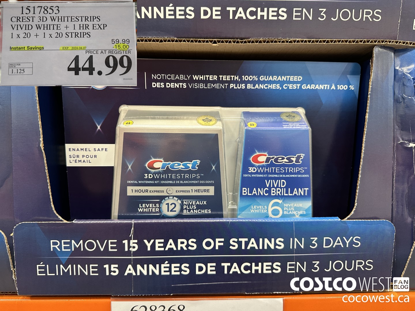 1517853 CREST 3D WHITESTRIPS VIVID WHITE + 1 HR EXP 1 x 20 + 1 x 20 STRIPS ($15.00 INSTANT SAVINGS EXPIRES ON 2024-04-07) $44.99