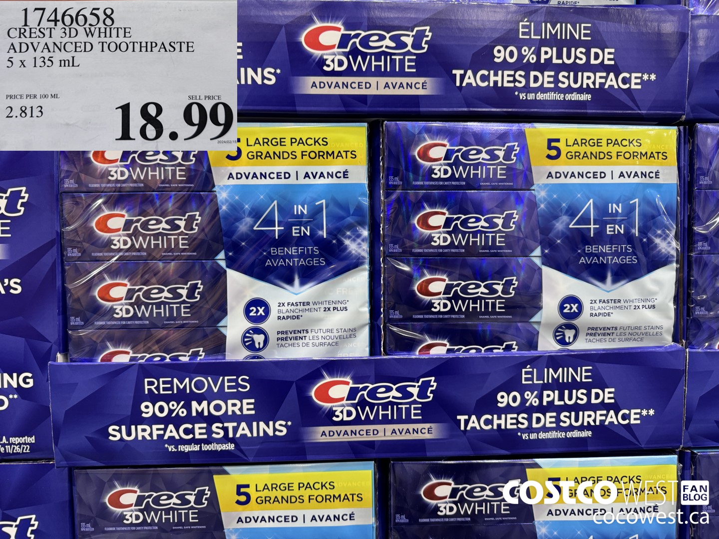 1746658 CREST 3D WHITE ADVANCED TOOTHPASTE 5 X 135ML $18.99