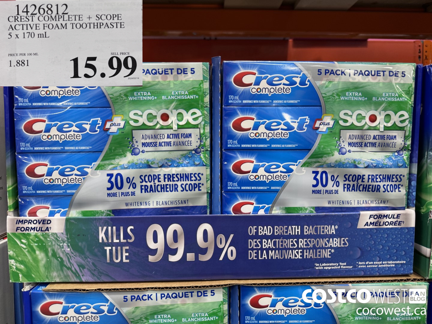1426812 CREST COMPLETE + SCOPE ACTIVE FOAM TOOTHPASTE 5 x 170ml  $15.99