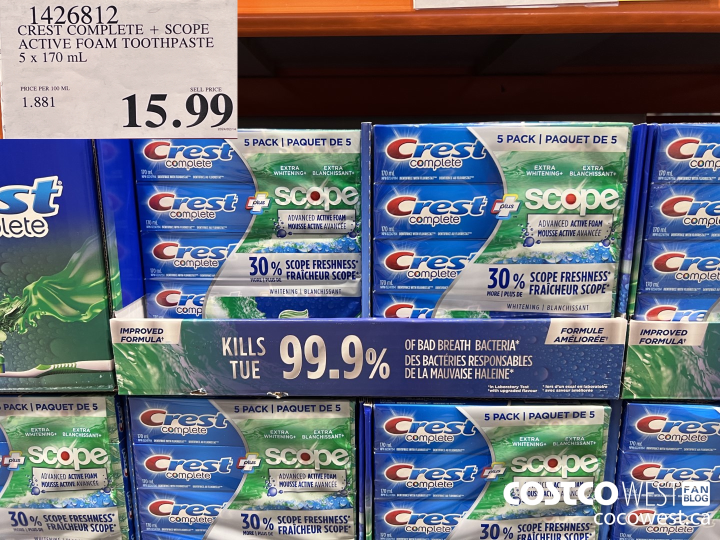 1426812 CREST COMPLETE + SCOPE ACTIVE FOAM TOOTHPASTE 5 x 170ml  $15.99