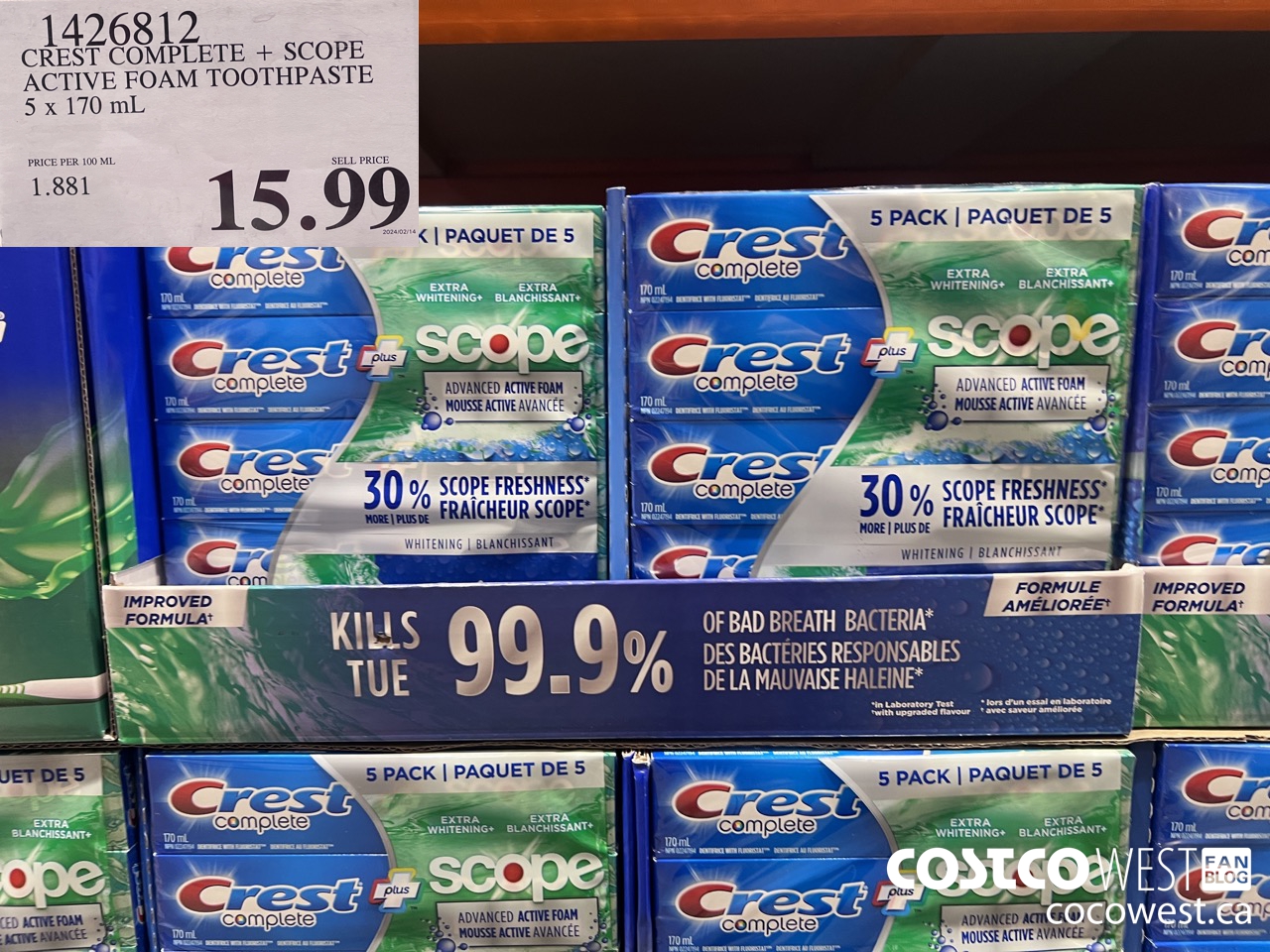 1426812 CREST COMPLETE + SCOPE ACTIVE FOAM TOOTHPASTE 5 x 170ml  $15.99