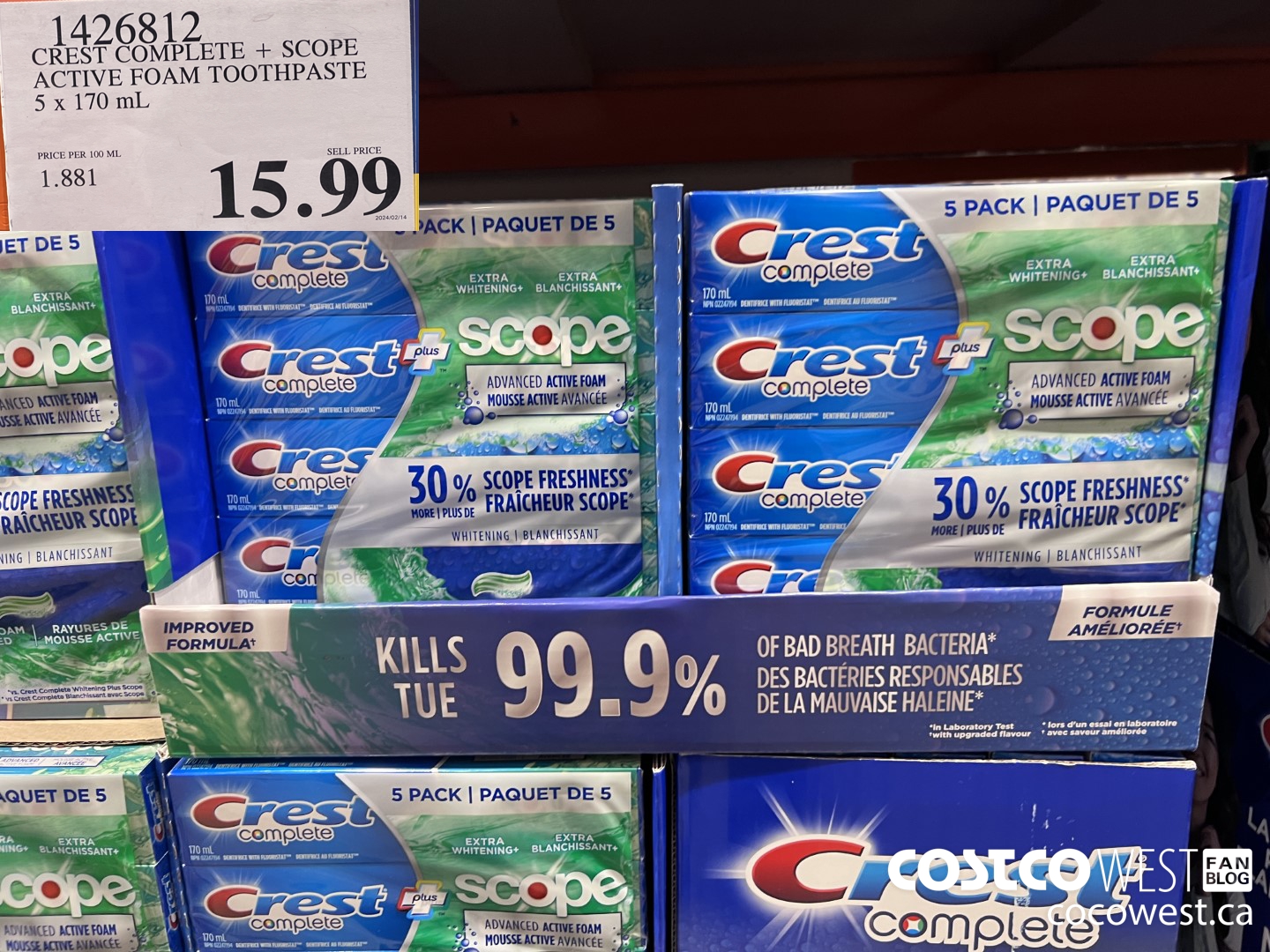 1426812 CREST COMPLETE + SCOPE ACTIVE FOAM TOOTHPASTE 5 x 170ml  $15.99