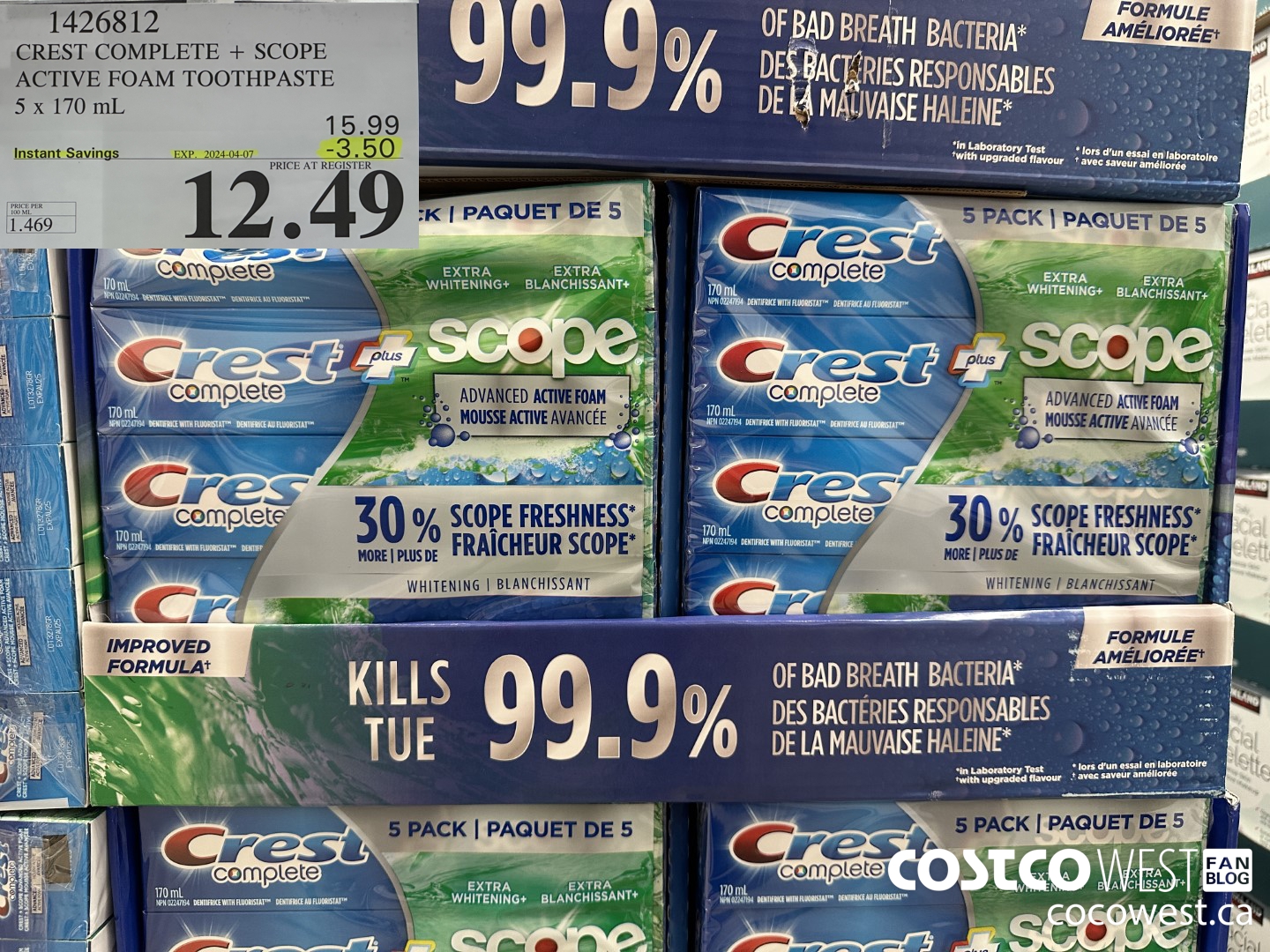1426812 CREST COMPLETE + SCOPE ACTIVE FOAM TOOTHPASTE 5 x 170ml  ($3.50 INSTANT SAVINGS EXPIRES ON 2024-04-07) $12.49