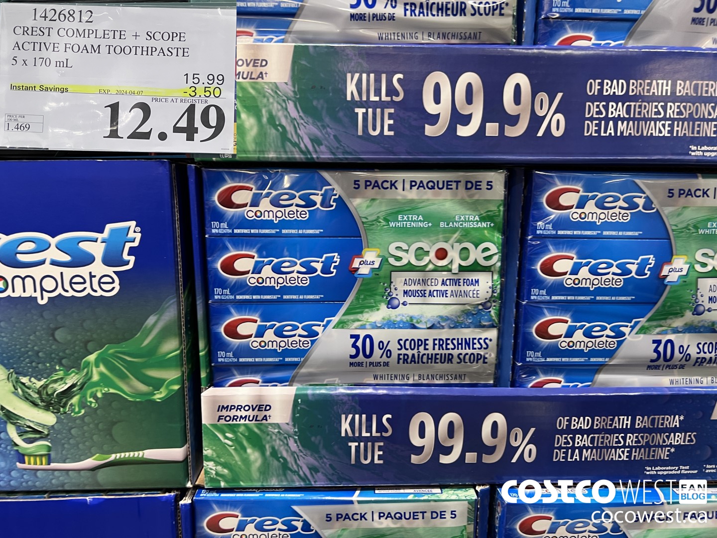 1426812 CREST COMPLETE + SCOPE ACTIVE FOAM TOOTHPASTE 5 x 170ml  ($3.50 INSTANT SAVINGS EXPIRES ON 2024-04-07) $12.49