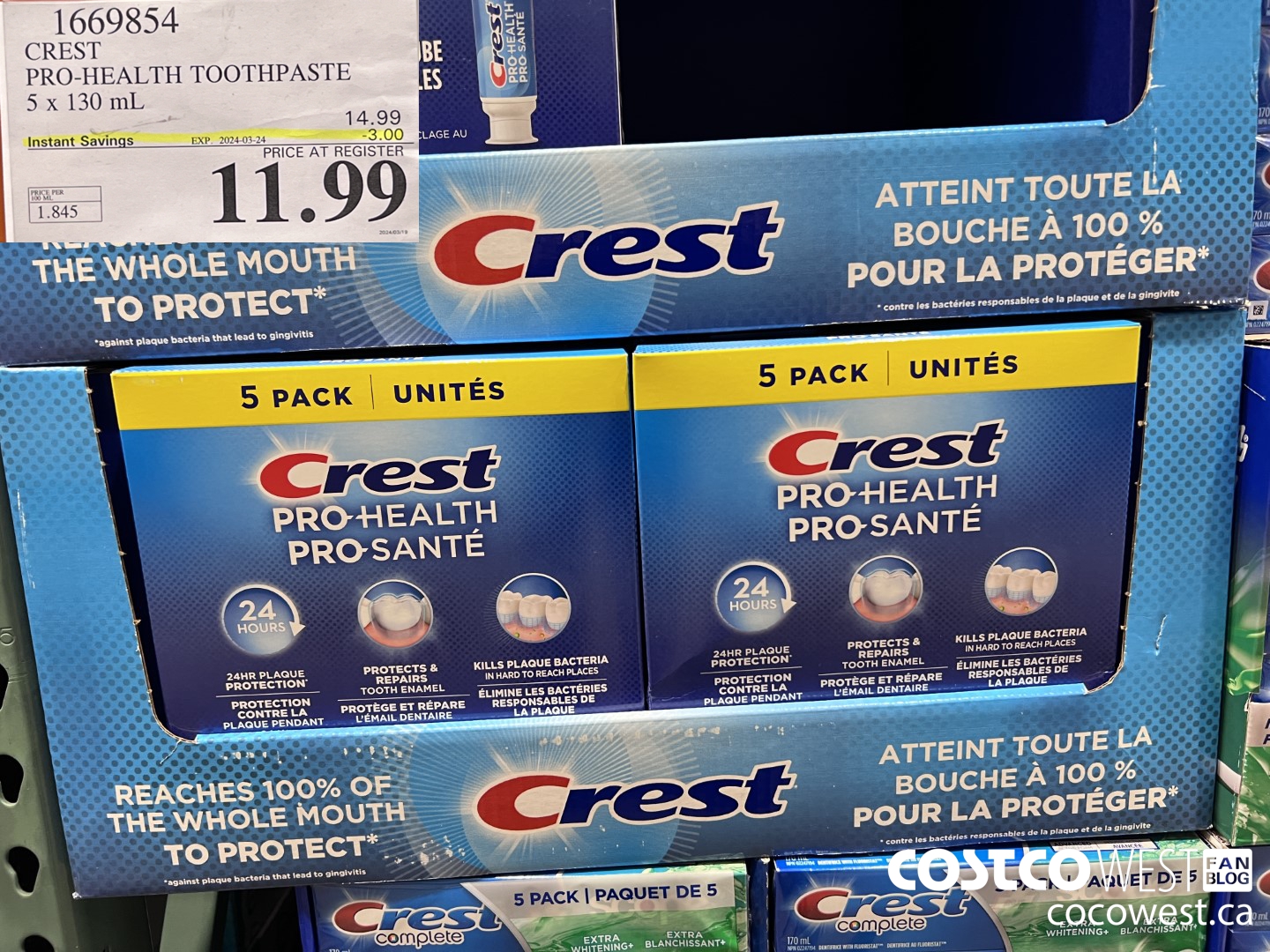 1669854 CREST PRO-HEALTH TOOTHPASTE 5 X 130 ML ($3.00 INSTANT SAVINGS EXPIRES ON 2024-03-24) $11.99