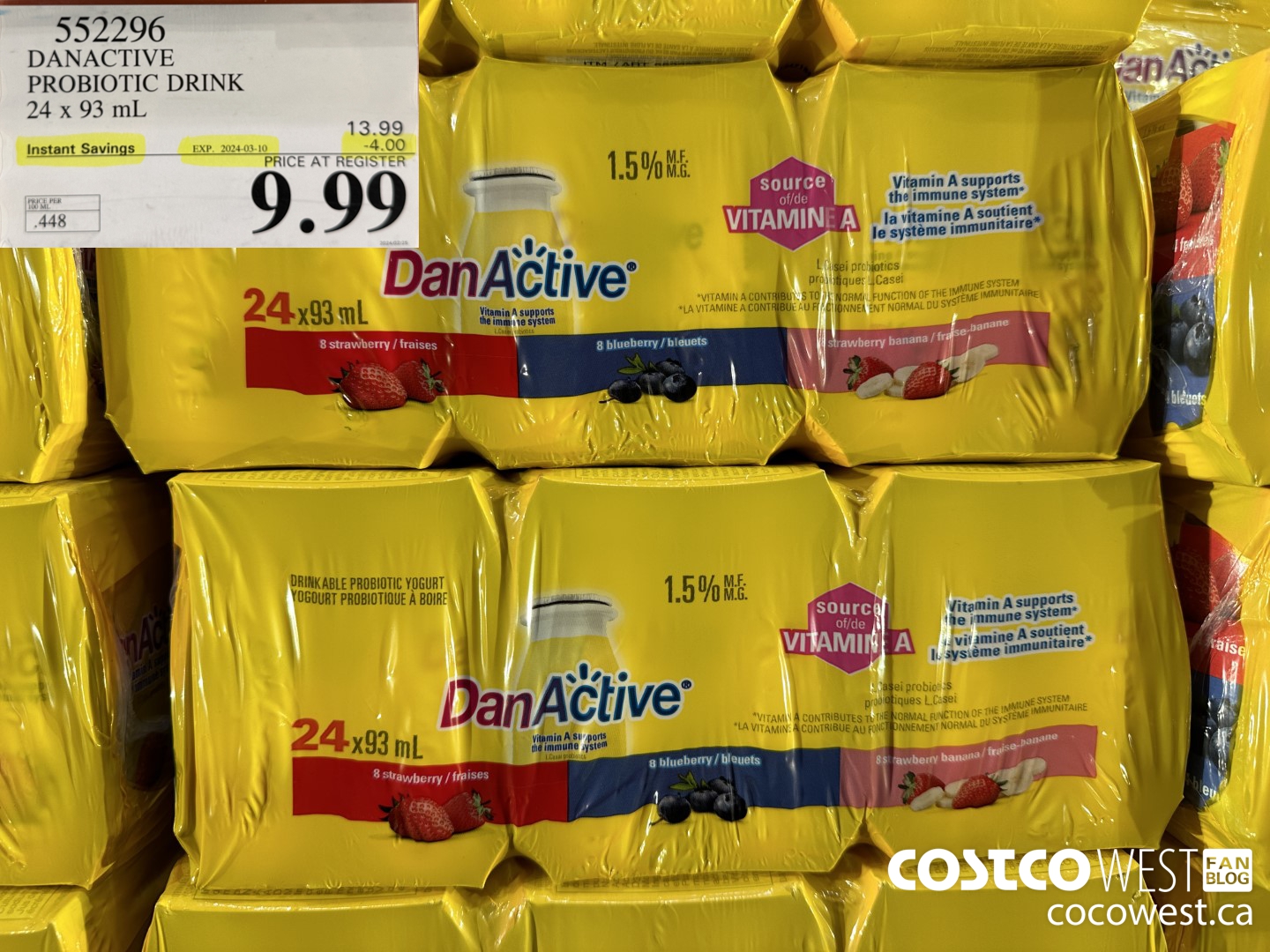 552296 DANACTIVE PROBIOTIC DRINK 24 x 93 mL ($4.00 INSTANT SAVINGS EXPIRES ON 2024-03-10) $9.99