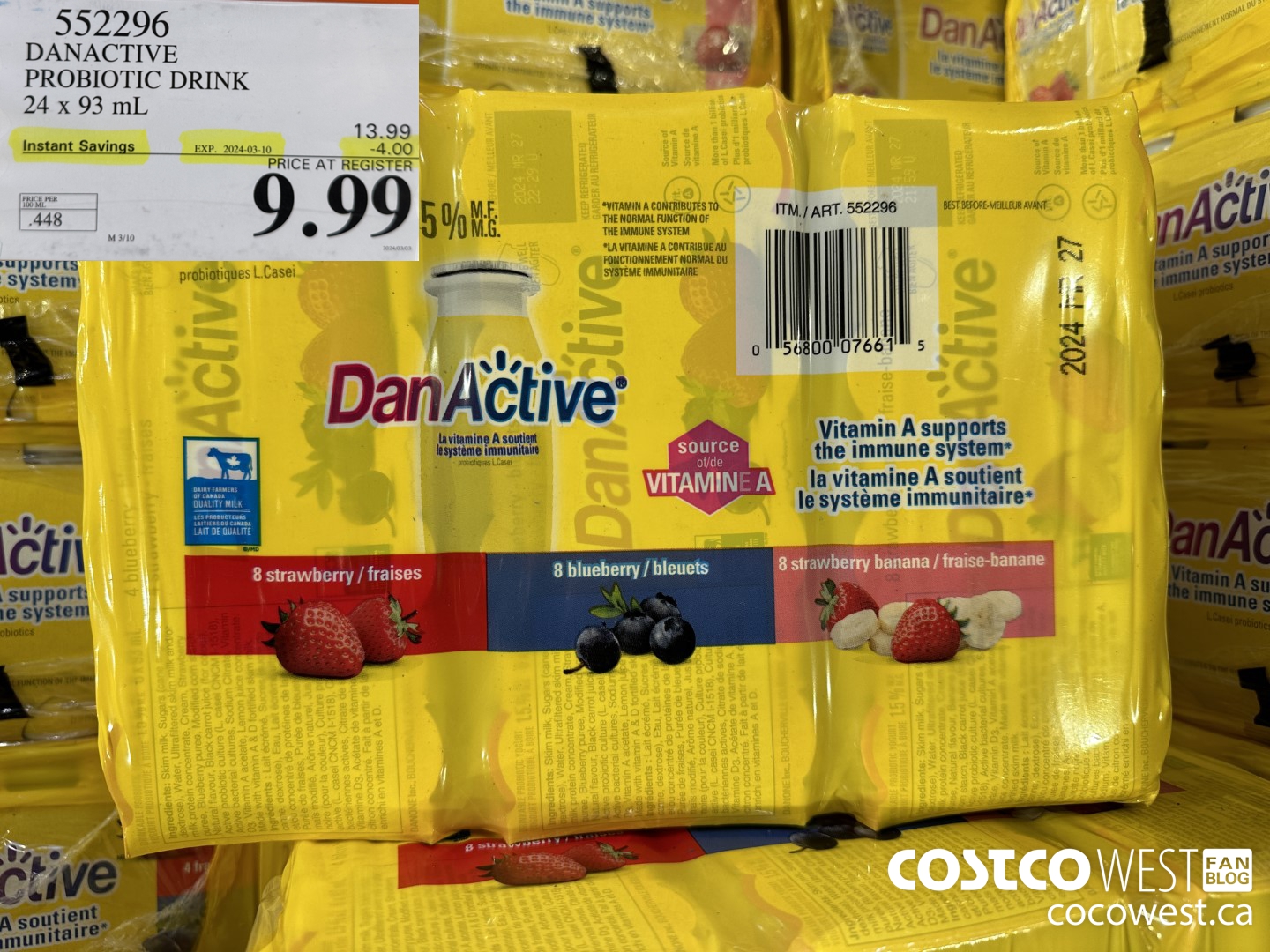 552296 DANACTIVE PROBIOTIC DRINK 24 x 93 mL ($4.00 INSTANT SAVINGS EXPIRES ON 2024-03-10) $9.99