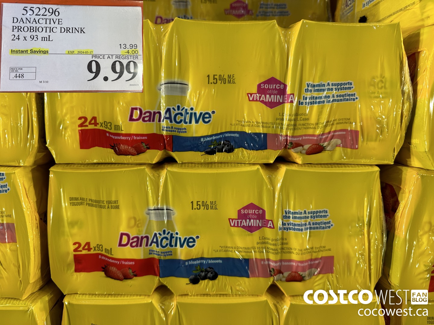 552296 DANACTIVE PROBIOTIC DRINK 24 x 93 mL ($4.00 INSTANT SAVINGS EXPIRES ON 2024-03-17) $9.99
