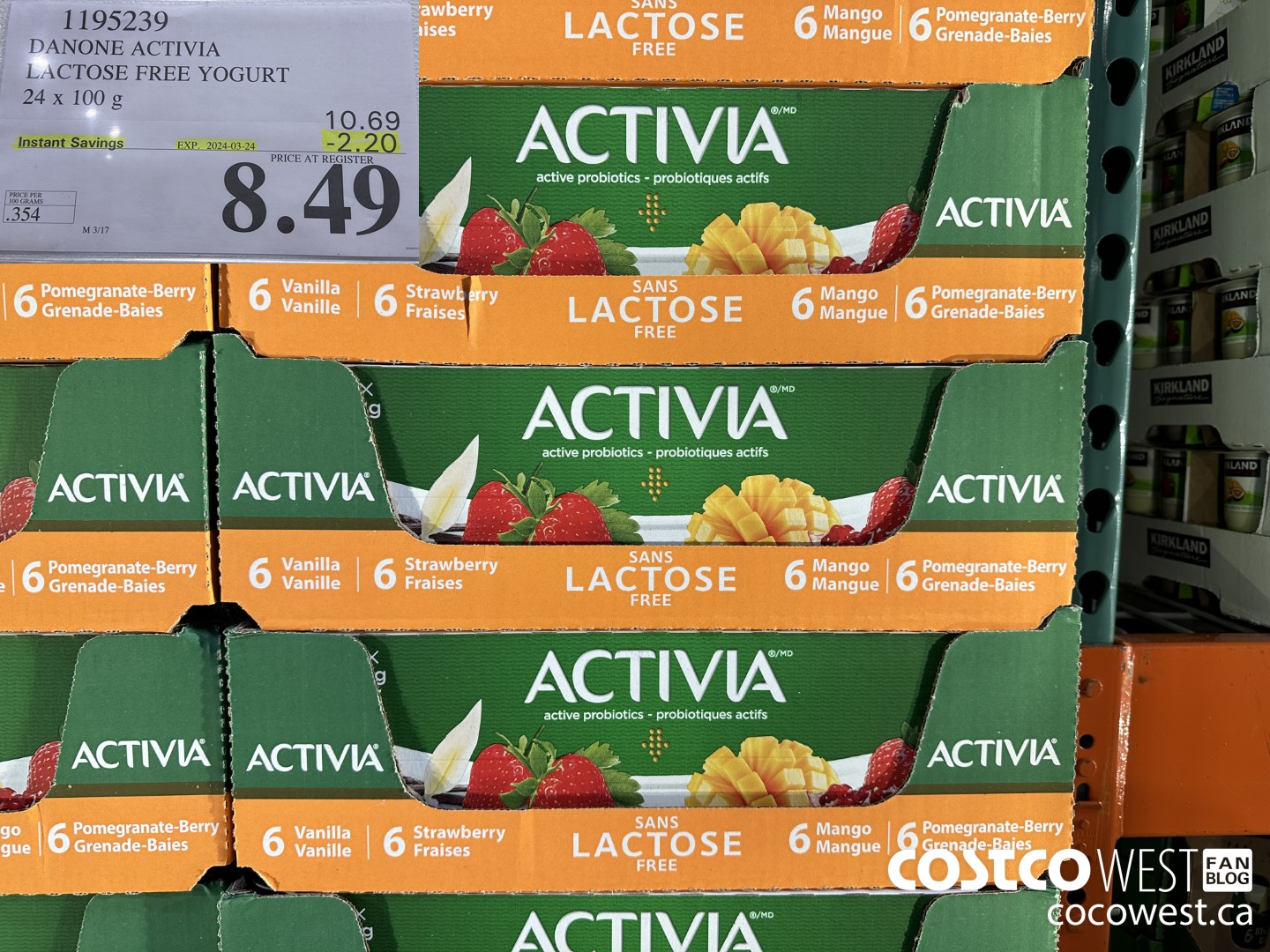 1195239 DANONE ACTIVIA LACTOSE FREE YOGURT 24 x 100 g ($2.20 INSTANT SAVINGS EXPIRES ON 2024-03-24) $8.49
