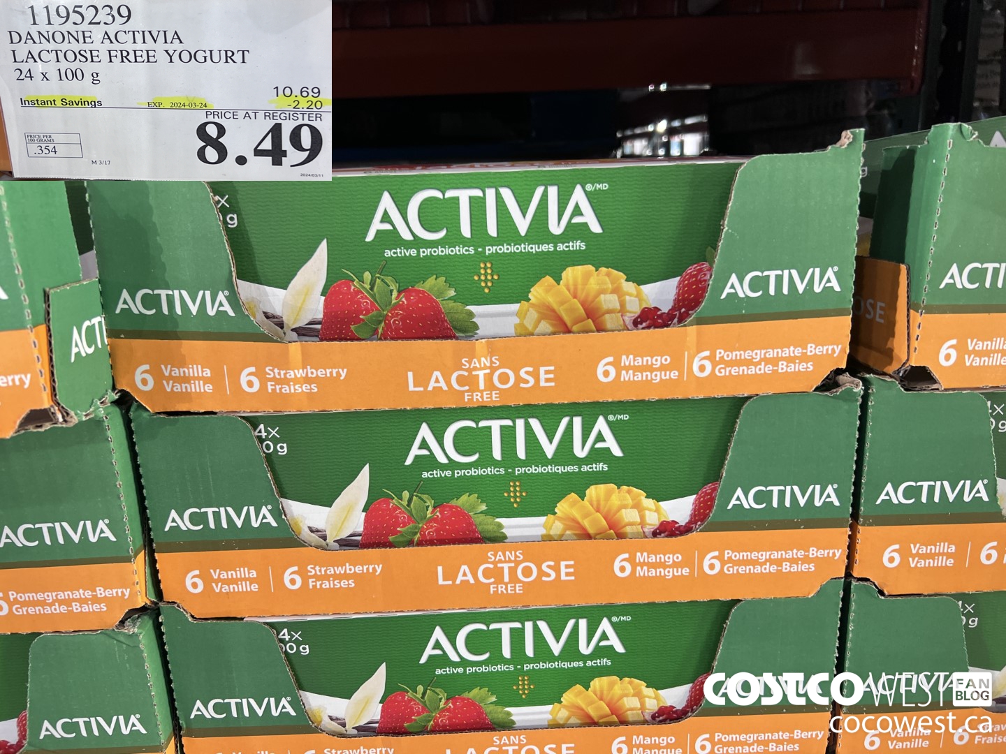 1195239 DANONE ACTIVIA LACTOSE FREE YOGURT 24 x 100 g ($2.20 INSTANT SAVINGS EXPIRES ON 2024-03-24) $8.49