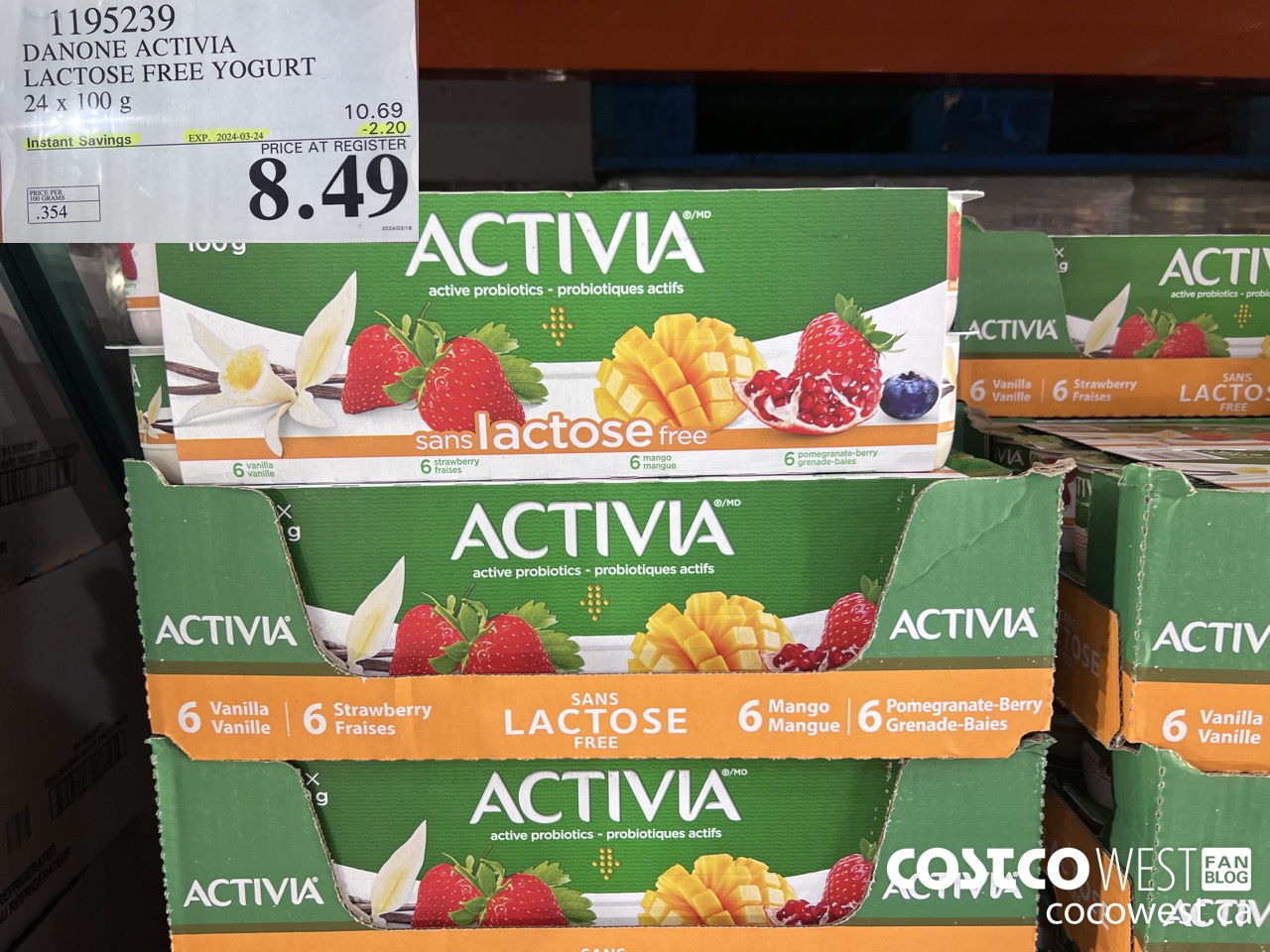 1195239 DANONE ACTIVIA LACTOSE FREE YOGURT 24 x 100 g ($2.20 INSTANT SAVINGS EXPIRES ON 2024-03-24) $8.49