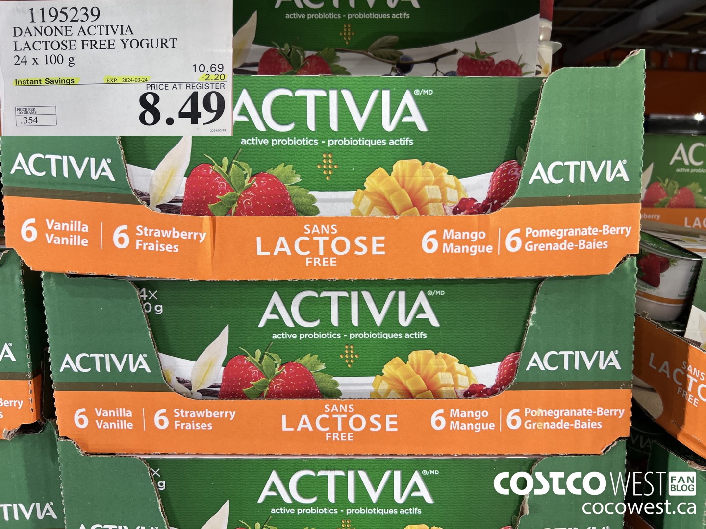 1195239 DANONE ACTIVIA LACTOSE FREE YOGURT 24 x 100 g ($2.20 INSTANT SAVINGS EXPIRES ON 2024-03-24) $8.49