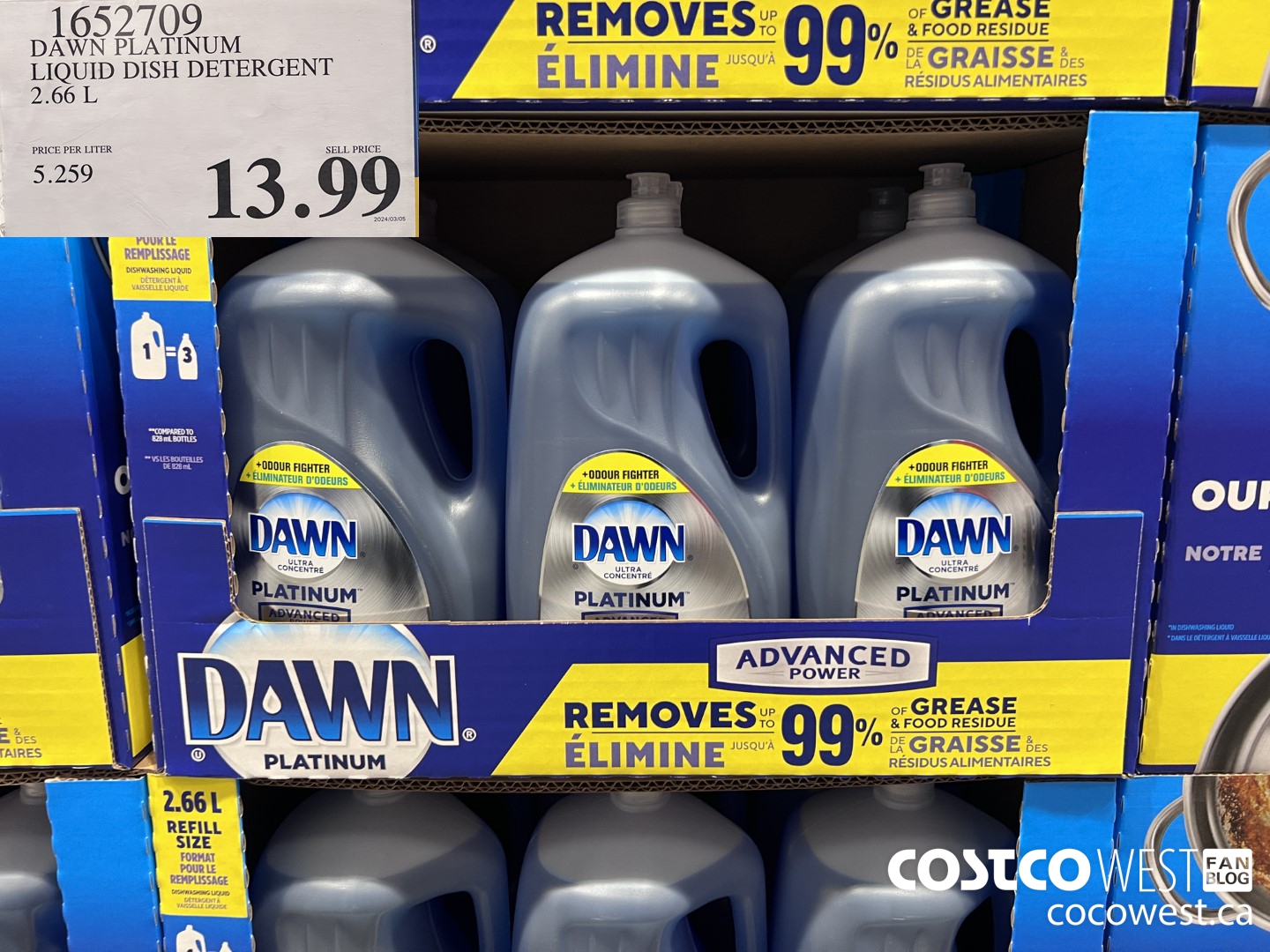 1652709 DAWN PLATINUM LIQUID DISH DETERGENT 2.66L $13.99