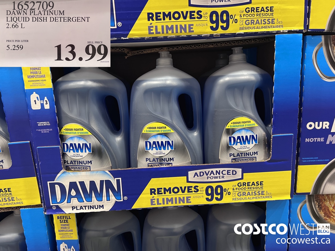 1652709 DAWN PLATINUM LIQUID DISH DETERGENT 2.66L $13.99