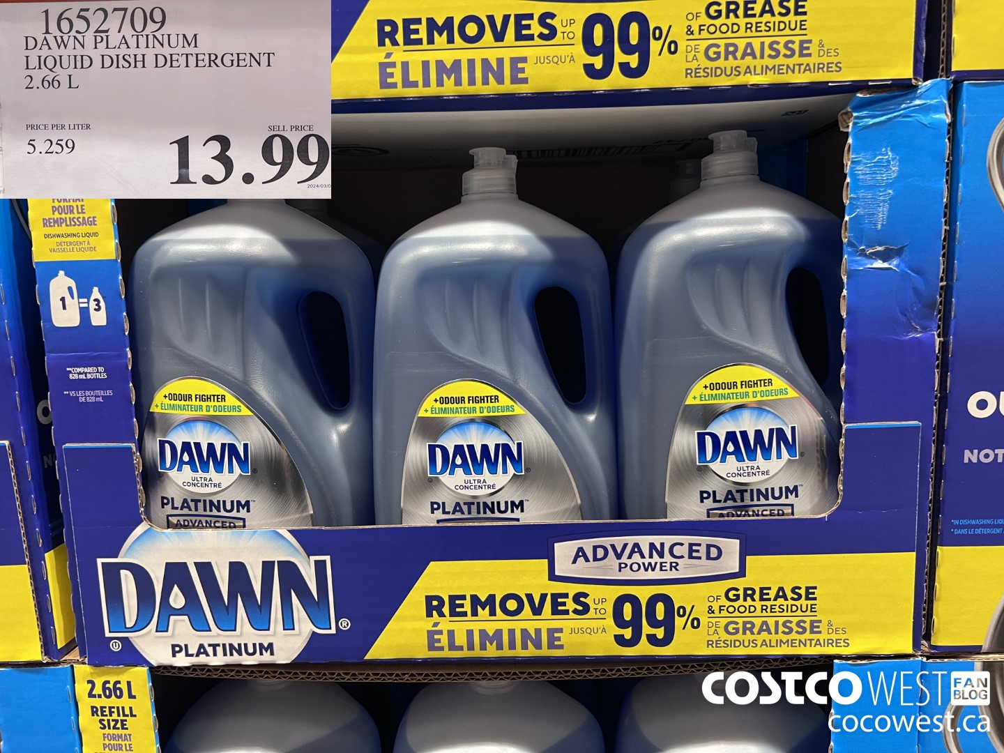 1652709 DAWN PLATINUM LIQUID DISH DETERGENT 2.66L $13.99