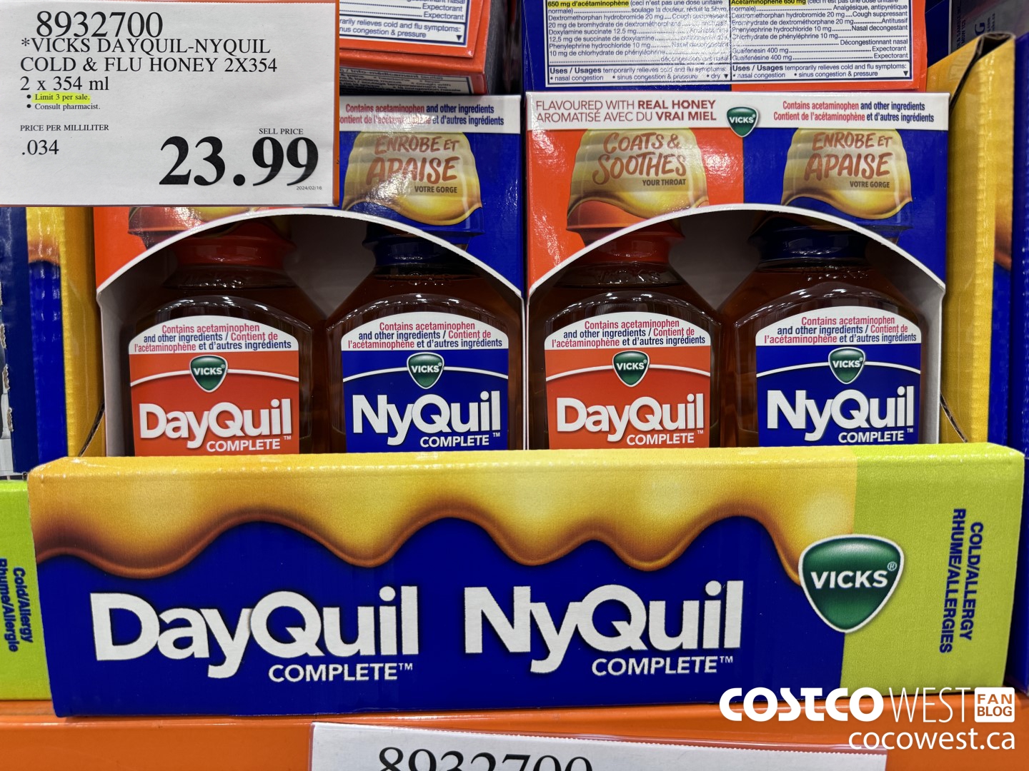 8932700 DAYQUIL-NYQUIL COLD & FLU HONEY 2 X 354 ML $23.99