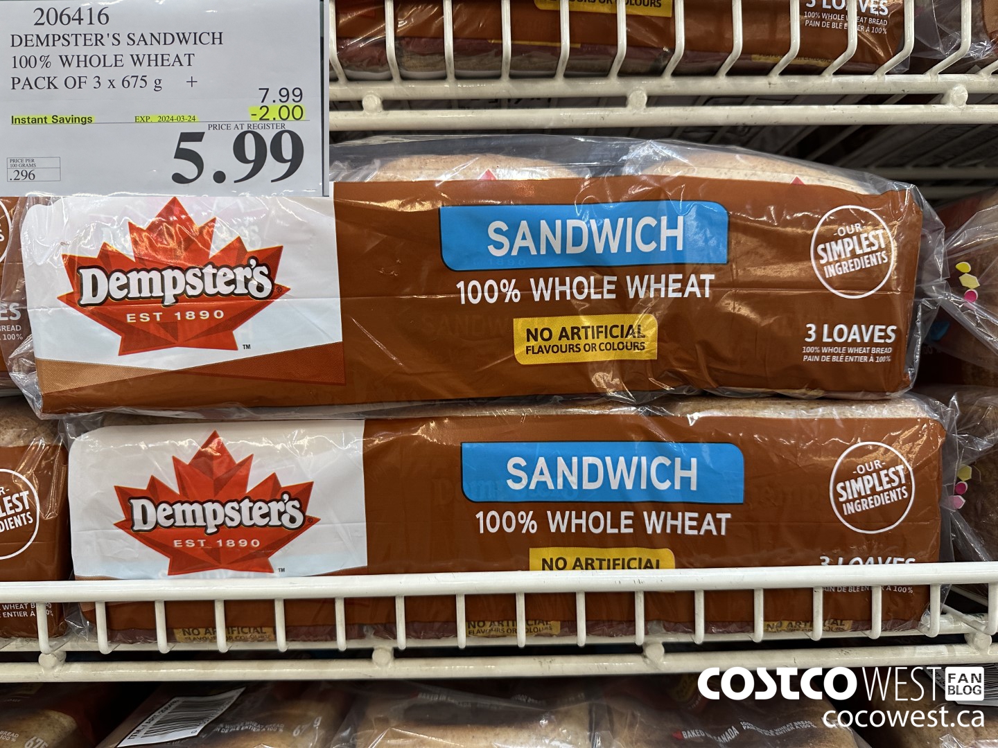206416 DEMPSTER'S SANDWICH 100% WHOLE WHEAT PACK OF 3 x 675 g ($2.00 INSTANT SAVINGS EXPIRES ON 2024-03-24) $5.99