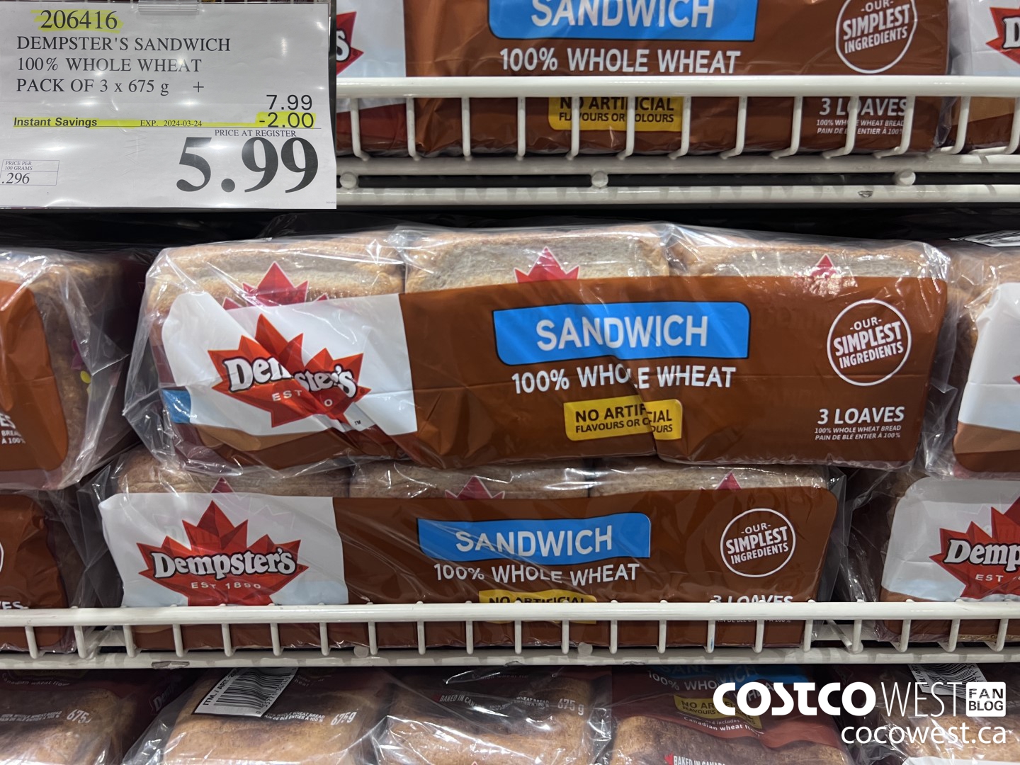 206416 DEMPSTER'S SANDWICH 100% WHOLE WHEAT PACK OF 3 x 675 g ($2.00 INSTANT SAVINGS EXPIRES ON 2024-03-24) $5.99