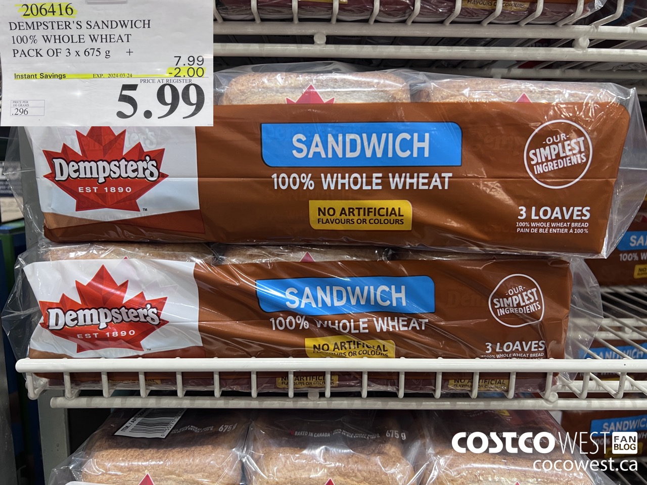 206416 DEMPSTER'S SANDWICH 100% WHOLE WHEAT PACK OF 3 x 675 g ($2.00 INSTANT SAVINGS EXPIRES ON 2024-03-24) $5.99