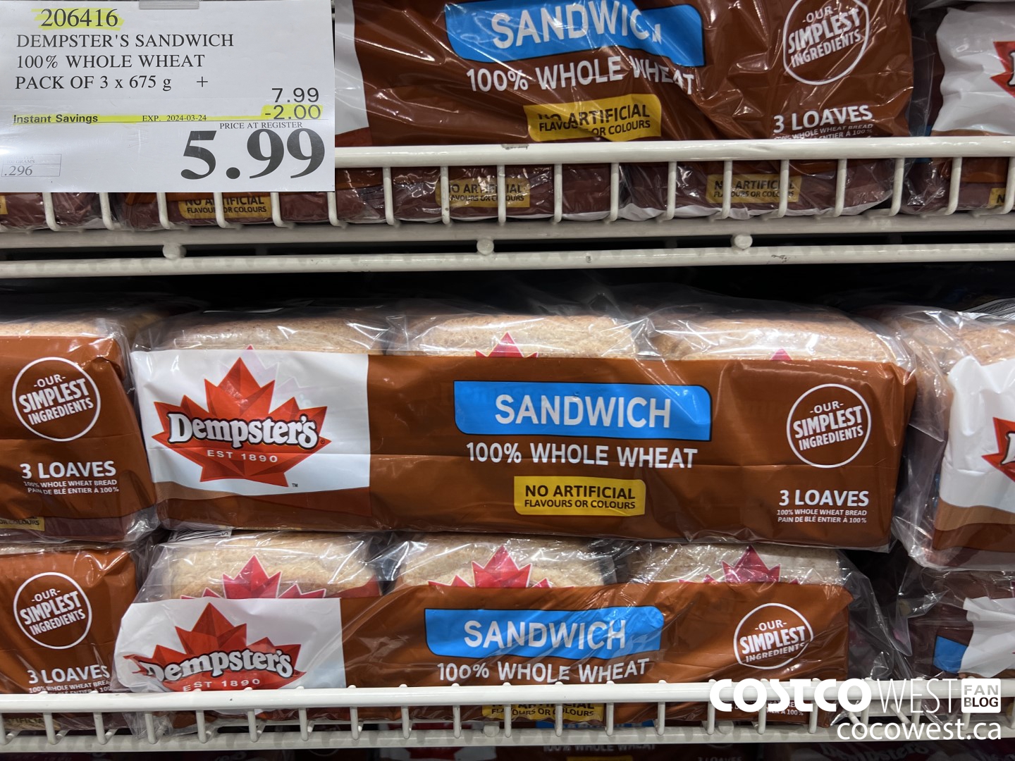 206416 DEMPSTER'S SANDWICH 100% WHOLE WHEAT PACK OF 3 x 675 g ($2.00 INSTANT SAVINGS EXPIRES ON 2024-03-24) $5.99