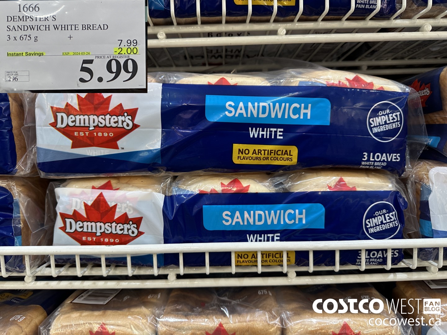 1666 DEMPSTER'S SANDWICH WHITE BREAD PACK OF 3 x 675 g ($2.00 INSTANT SAVINGS EXPIRES ON 2024-03-24) $5.99