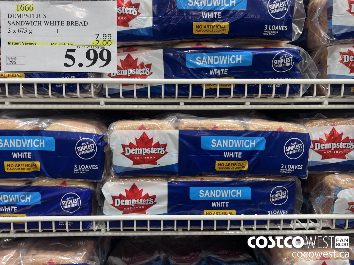 1666 DEMPSTER'S SANDWICH WHITE BREAD PACK OF 3 x 675 g ($2.00 INSTANT SAVINGS EXPIRES ON 2024-03-24) $5.99