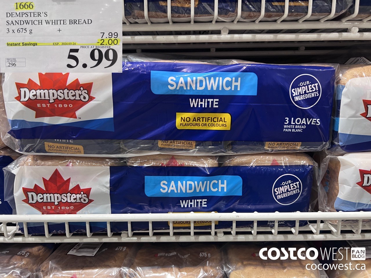 1666 DEMPSTER'S SANDWICH WHITE BREAD PACK OF 3 x 675 g ($2.00 INSTANT SAVINGS EXPIRES ON 2024-03-24) $5.99