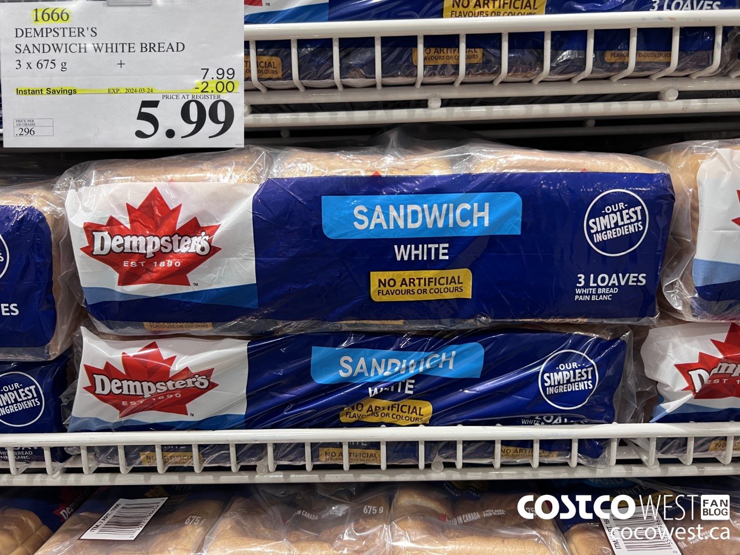 1666 DEMPSTER'S SANDWICH WHITE BREAD PACK OF 3 x 675 g ($2.00 INSTANT SAVINGS EXPIRES ON 2024-03-24) $5.99