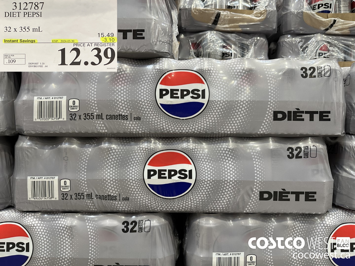 312787 DIET PEPSI 32 X 355 ML ($3.10 INSTANT SAVINGS EXPIRES ON 2024-03-30) $12.39