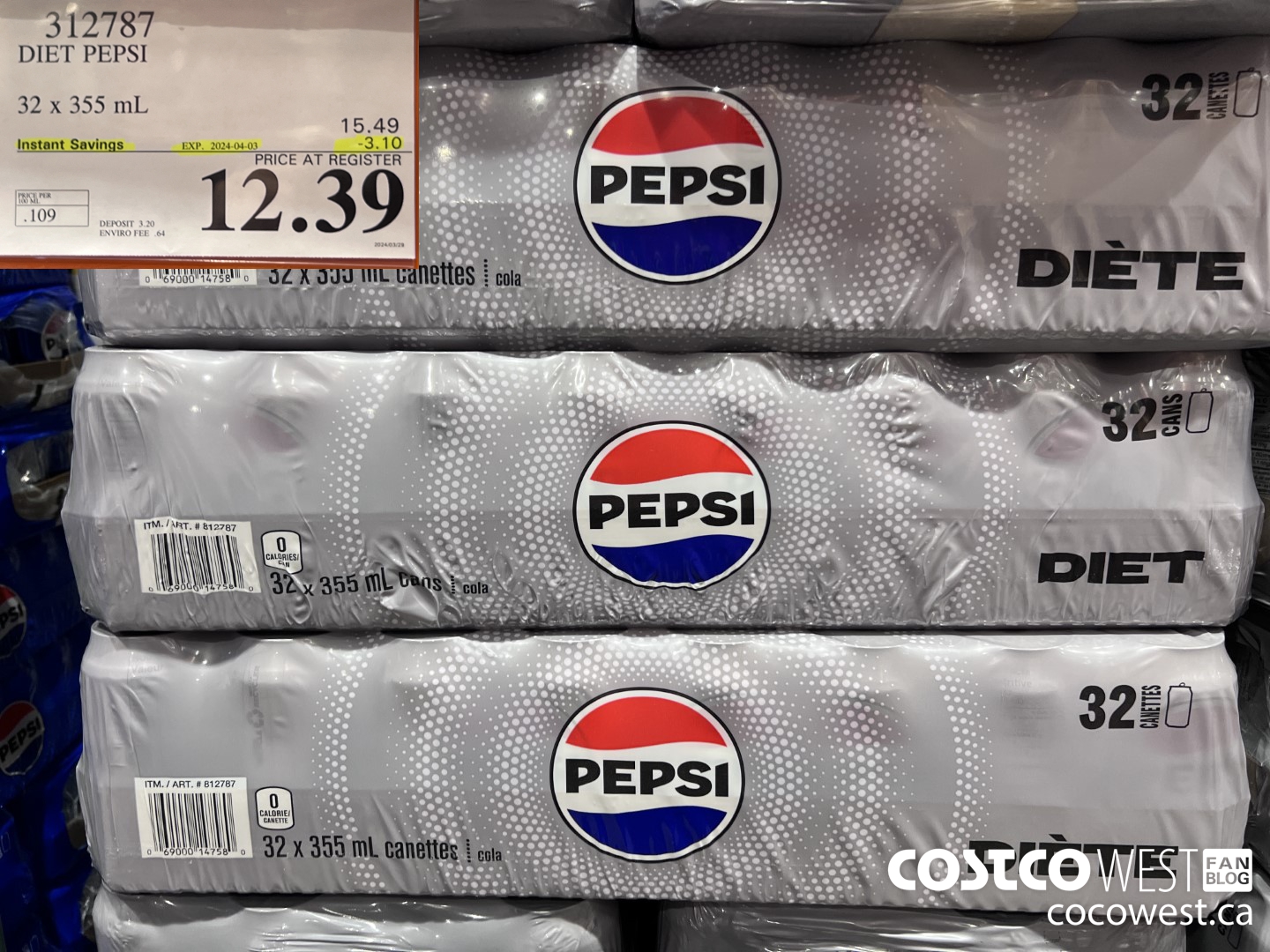312787 DIET PEPSI 32 X 355 ML ($3.10 INSTANT SAVINGS EXPIRES ON 2024-04-03) $12.39