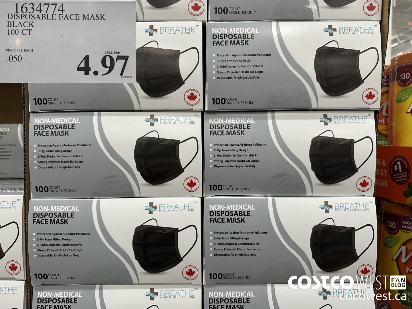 1634774 DISPOSABLE FACE MASK BLACK 100 CT $4.97