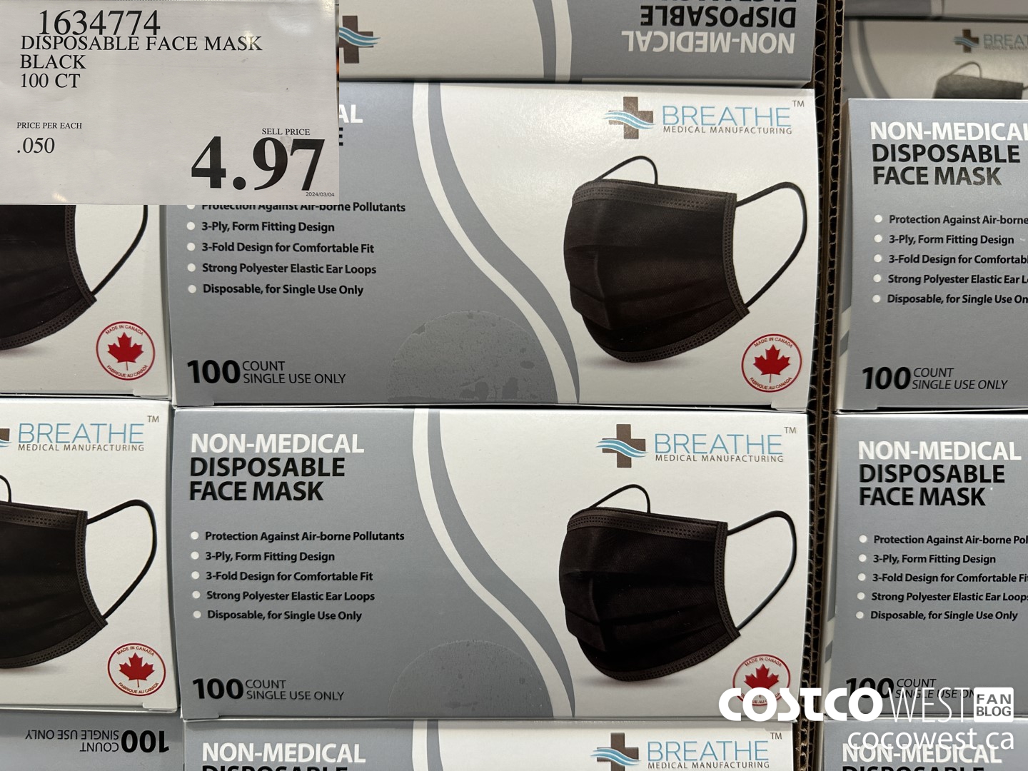 1634774 DISPOSABLE FACE MASK BLACK 100 CT $4.97