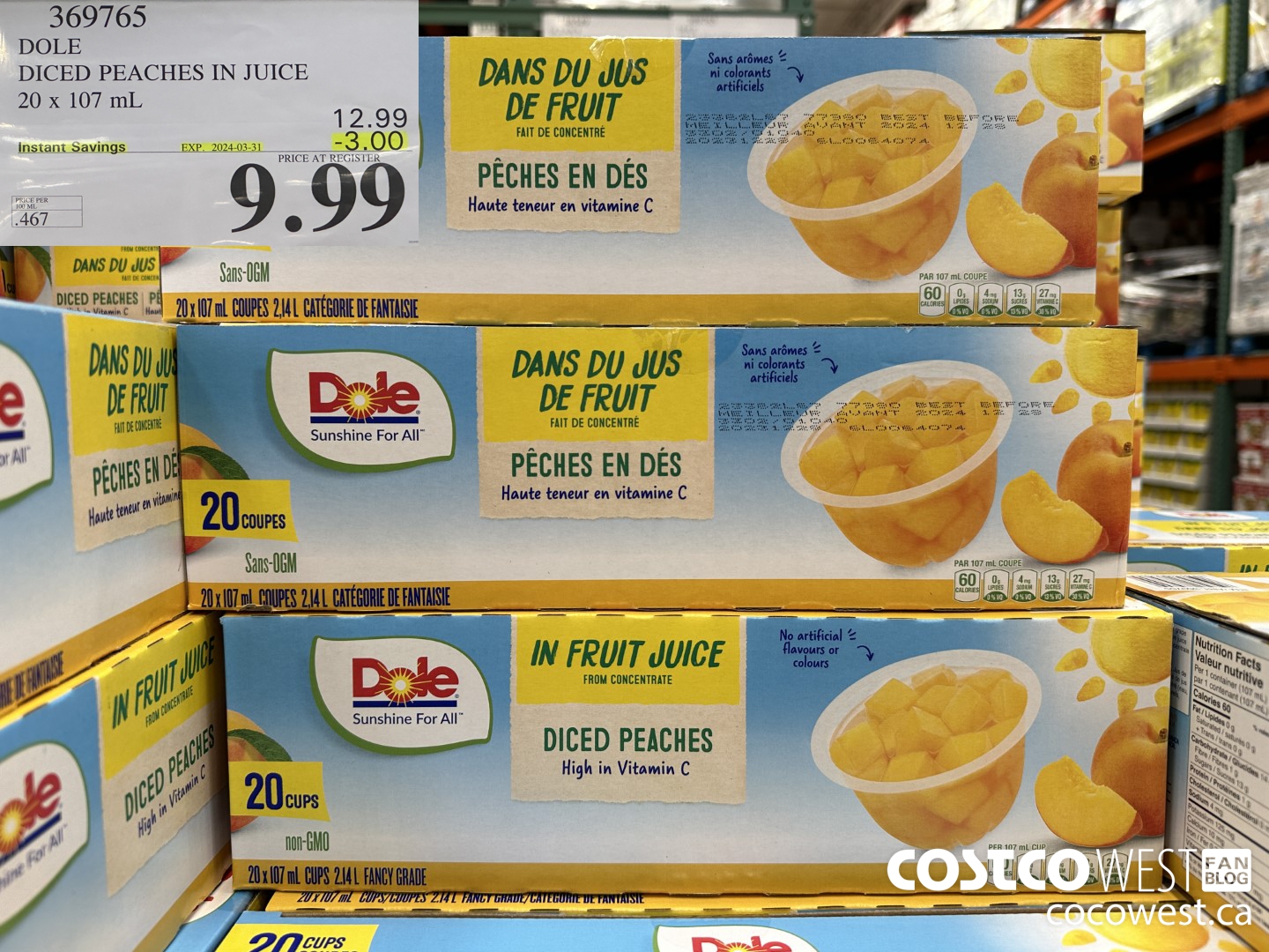 369765 DOLE DICED PEACHES IN JUICE 20 X 107ML ($3.00 INSTANT SAVINGS EXPIRES ON 2024-03-31) $9.99