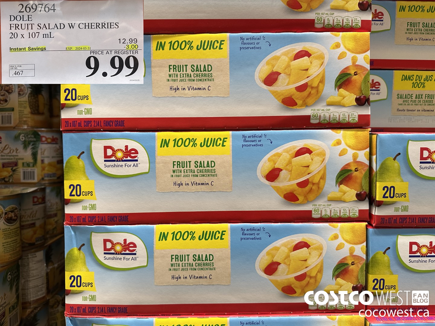 269764 DOLE FRUIT SALAD W CHERRIES 20 x 107 mL ($3.00 INSTANT SAVINGS EXPIRES ON 2024-03-31) $9.99