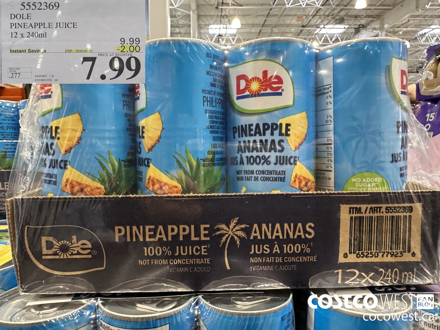 5552369 DOLE PINEAPPLE JUICE 12 X 240 ML ($2.00 INSTANT SAVINGS EXPIRES ON 2024-03-03) $7.99