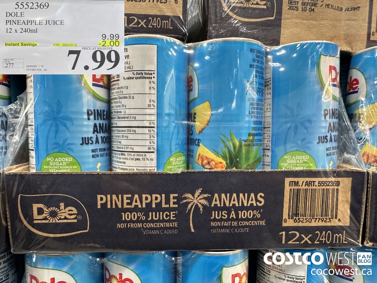 5552369 DOLE PINEAPPLE JUICE 12 X 240 ML ($2.00 INSTANT SAVINGS EXPIRES ON 2024-03-31) $7.99