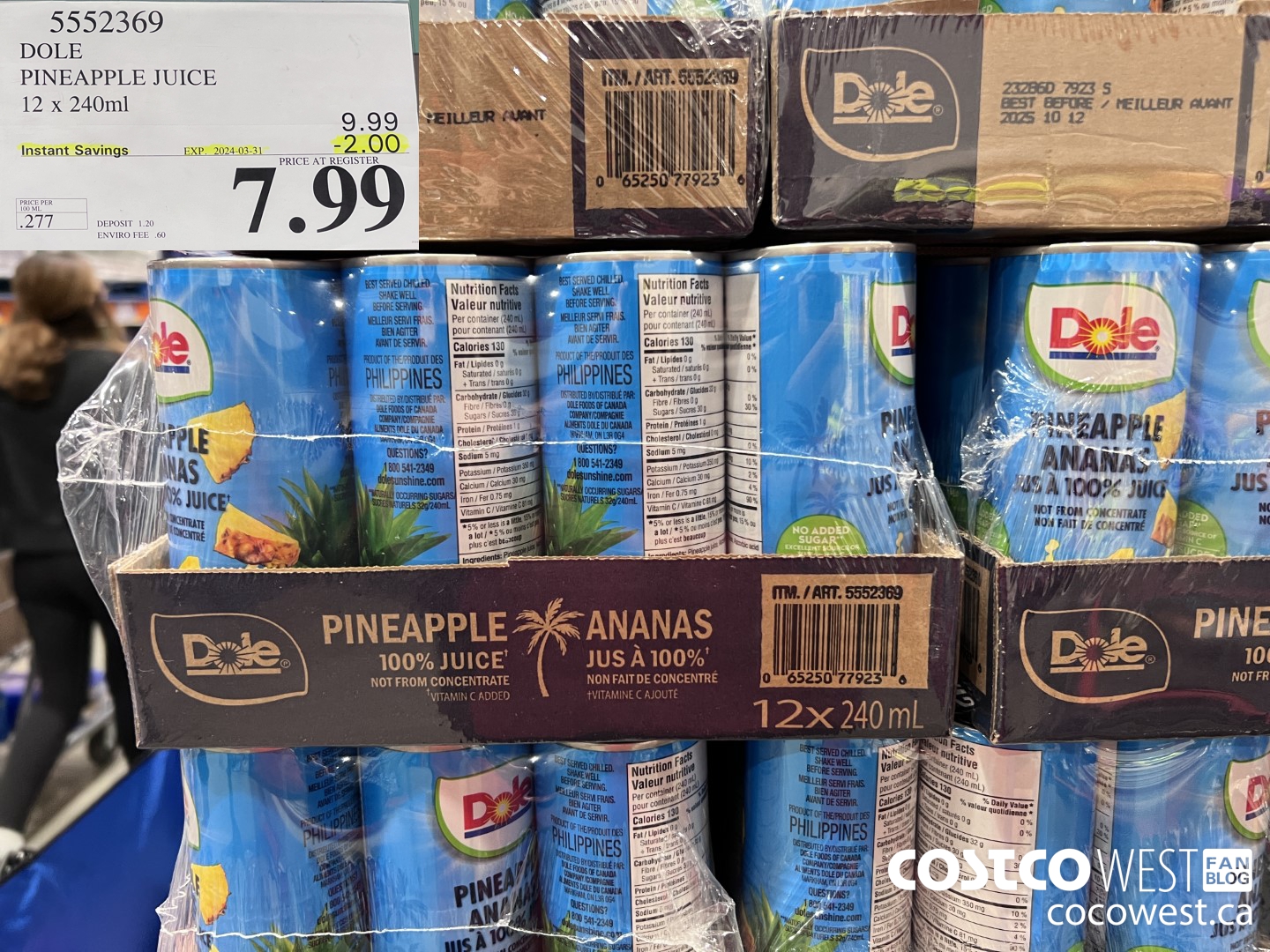 5552369 DOLE PINEAPPLE JUICE 12 X 240 ML ($2.00 INSTANT SAVINGS EXPIRES ON 2024-03-31) $7.99