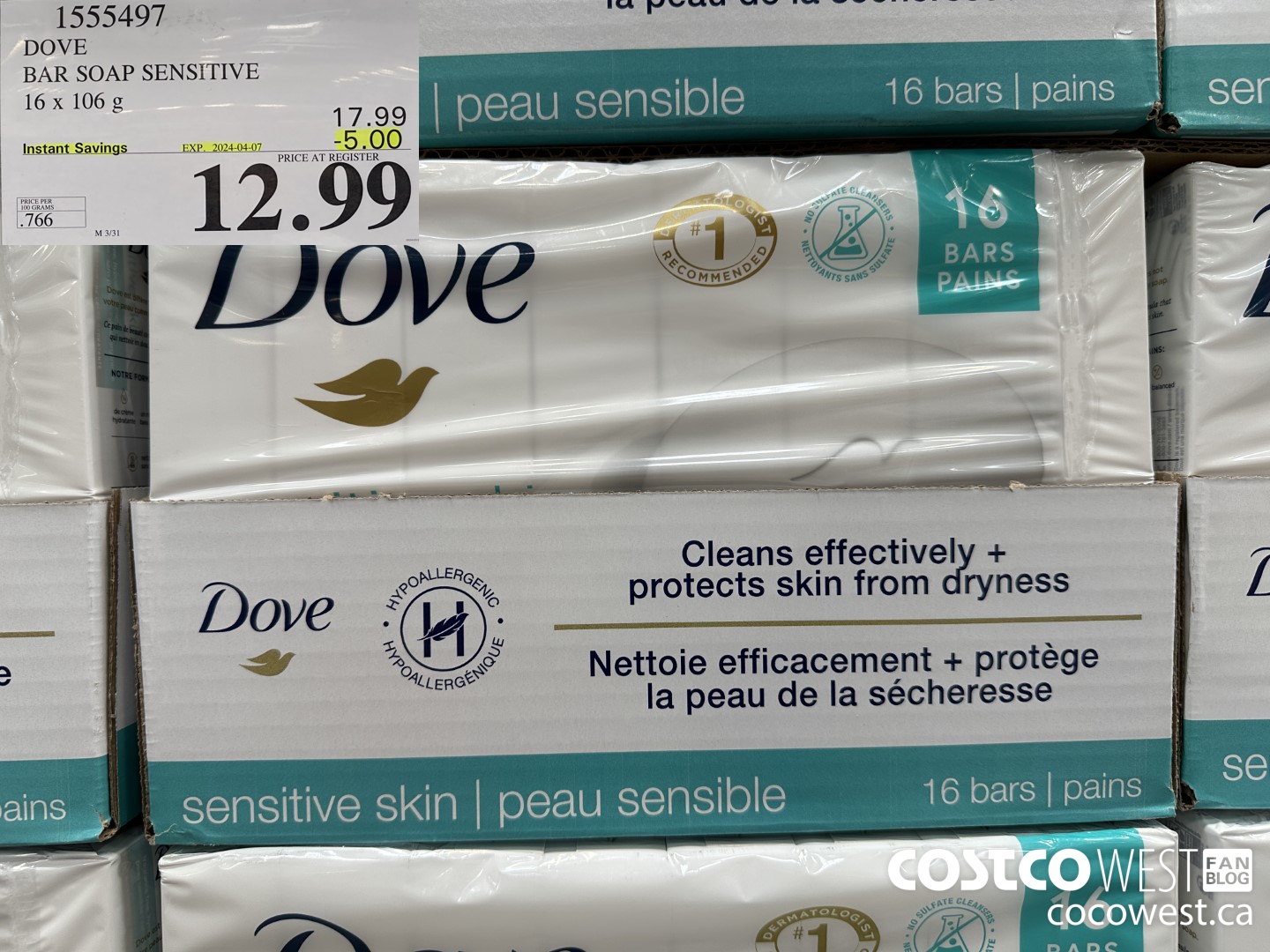 1555497 DOVE BAR SOAP SENSITIVE SKIN 16 x 106 g ($5.00 INSTANT SAVINGS EXPIRES ON 2024-04-07) $12.99