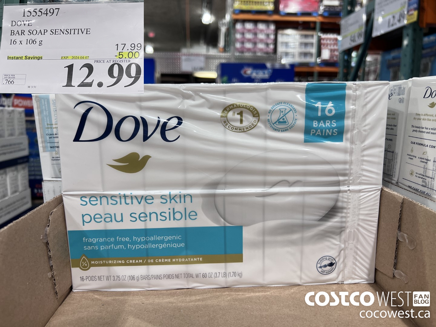 1555497 DOVE BAR SOAP SENSITIVE SKIN 16 x 106 g ($5.00 INSTANT SAVINGS EXPIRES ON 2024-04-07) $12.99