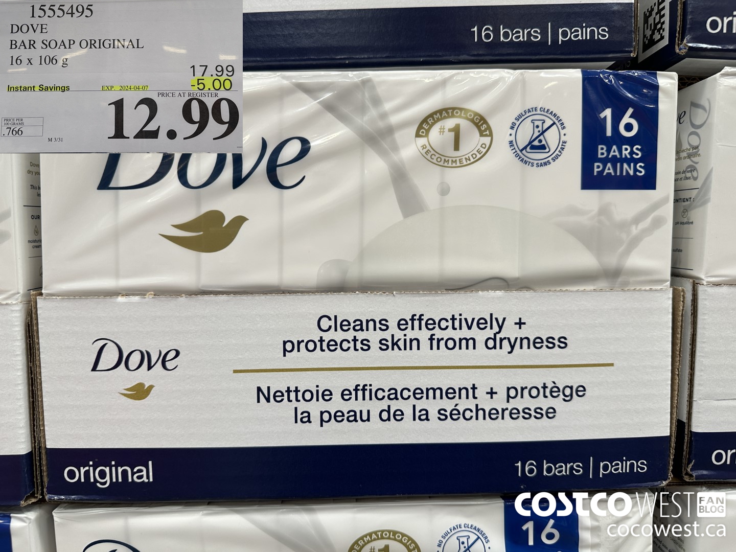 1555495 DOVE BAR SOAP WHITE 16 x 106 g ($5.00 INSTANT SAVINGS EXPIRES ON 2024-04-07) $12.99