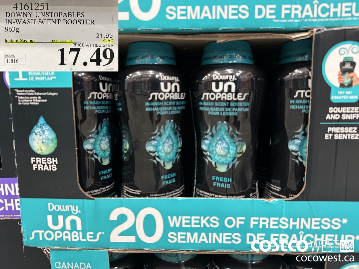 4161251 DOWNY UNSTOPABLES IN-WASH SCENT BOOSTER 963G ($4.50 INSTANT SAVINGS EXPIRES ON 2024-03-17) $17.49