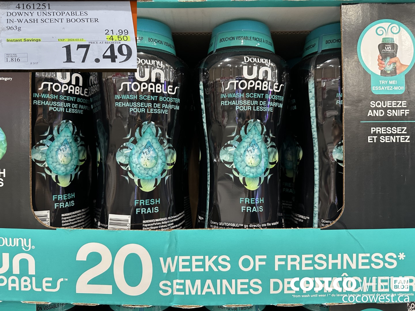 4161251 DOWNY UNSTOPABLES IN-WASH SCENT BOOSTER 963G ($4.50 INSTANT SAVINGS EXPIRES ON 2024-03-17) $17.49