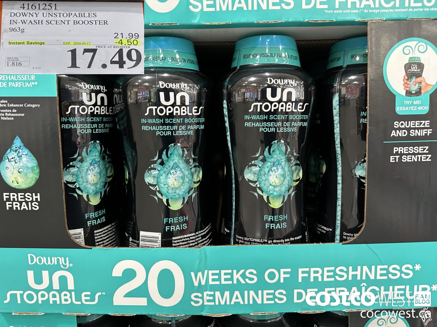 4161251 DOWNY UNSTOPABLES IN-WASH SCENT BOOSTER 963G ($4.50 INSTANT SAVINGS EXPIRES ON 2024-03-17) $17.49
