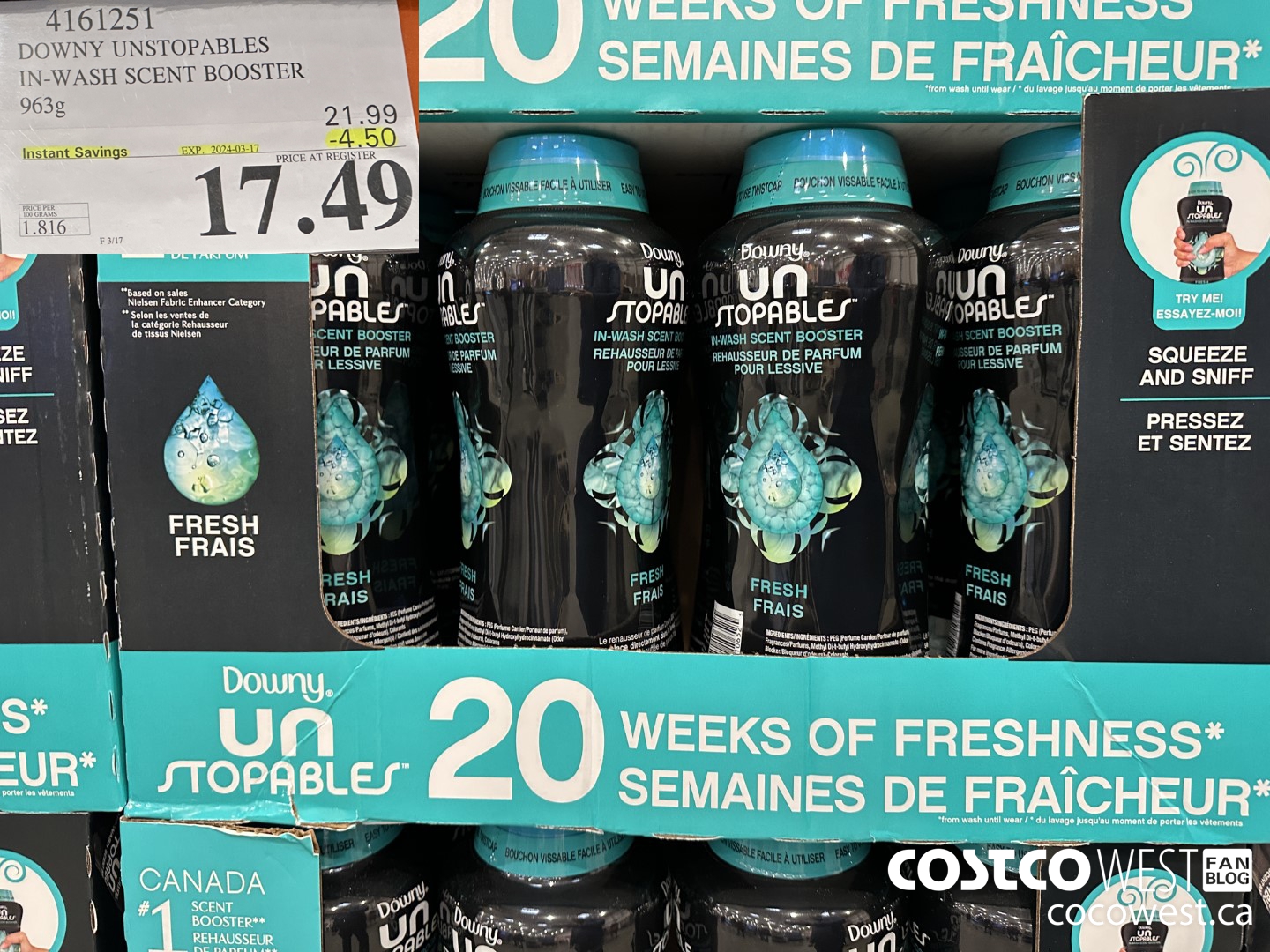 4161251 DOWNY UNSTOPABLES IN-WASH SCENT BOOSTER 963G ($4.50 INSTANT SAVINGS EXPIRES ON 2024-03-17) $17.49
