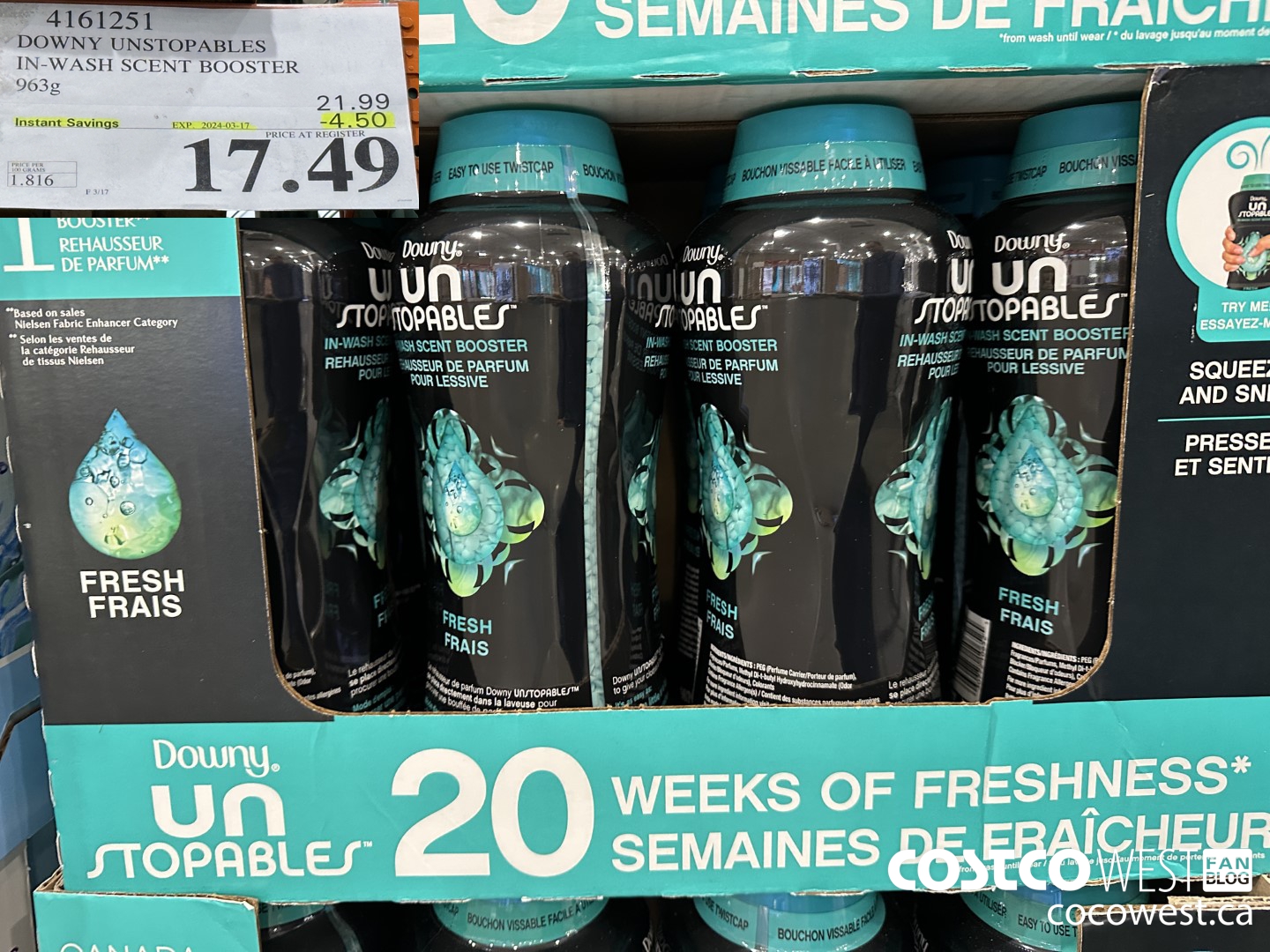 4161251 DOWNY UNSTOPABLES IN-WASH SCENT BOOSTER 963G ($4.50 INSTANT SAVINGS EXPIRES ON 2024-03-17) $17.49