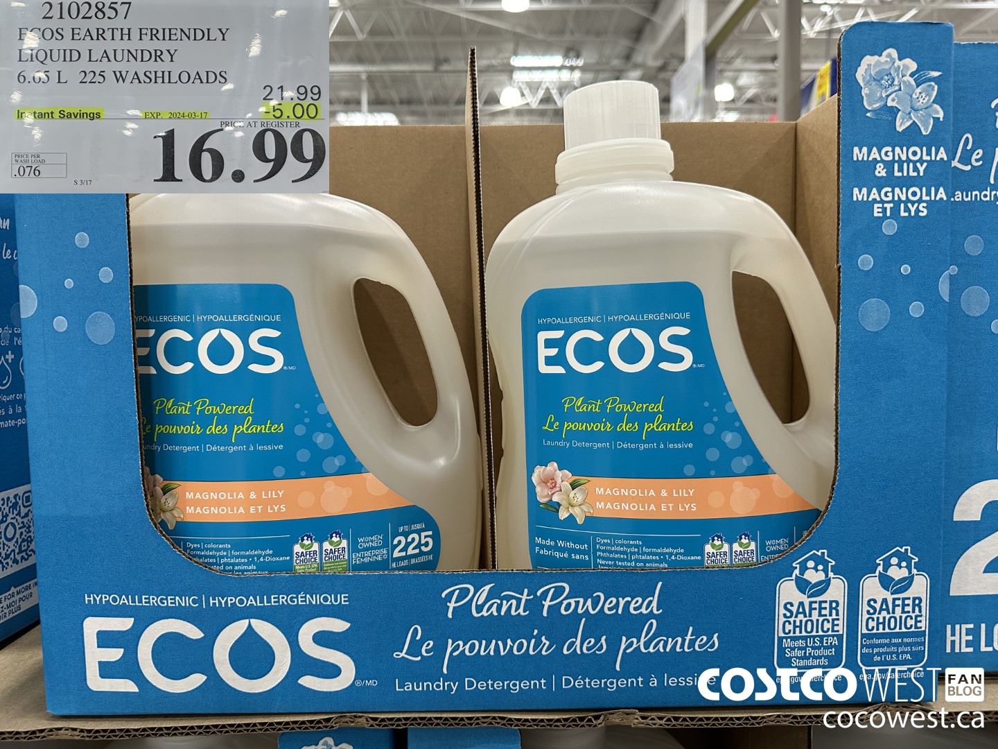 2102857 ECOS EARTH FRIENDLY LIQUID LAUNDRY 6.65 L 225 WASHLOADDS ($5.00 INSTANT SAVINGS EXPIRES ON 2024-03-17) $16.99