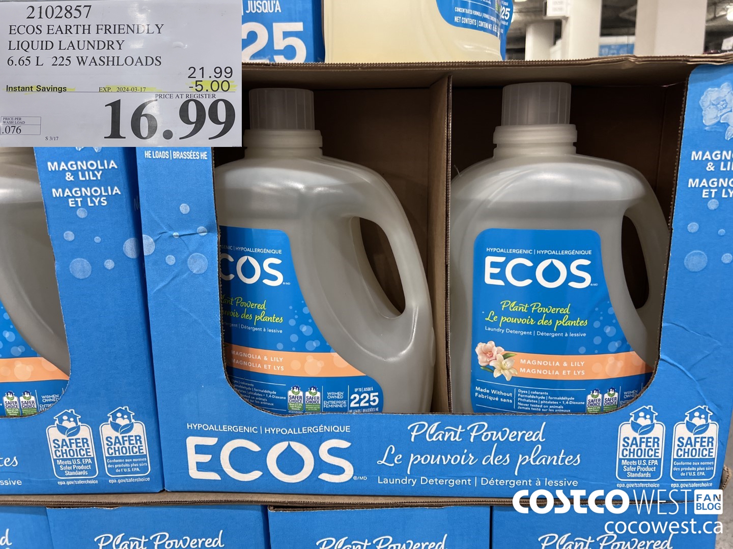 2102857 ECOS EARTH FRIENDLY LIQUID LAUNDRY 6.65 L 225 WASHLOADDS ($5.00 INSTANT SAVINGS EXPIRES ON 2024-03-17) $16.99
