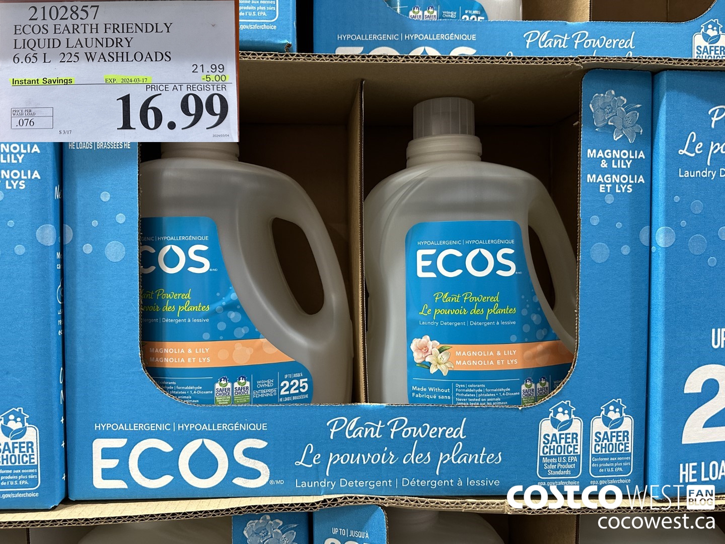 2102857 ECOS LIQUID LAUNDRY DETERGENT 225 LOADS / 225 OZ  ($5.00 INSTANT SAVINGS EXPIRES ON 2024-03-17) $16.99