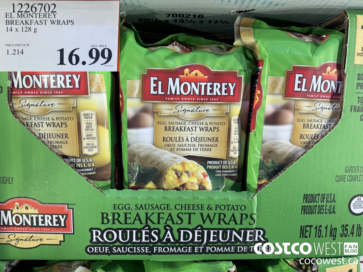 1226702 EL MONTEREY BREAKFAST WRAPS 14 x 128 g $16.99